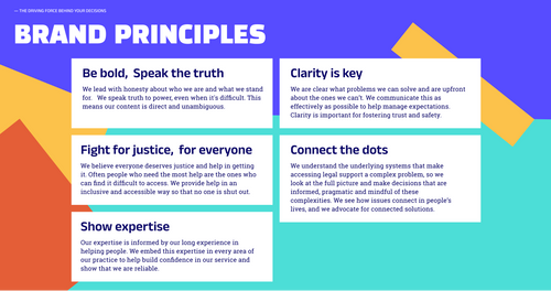 LCN's five brand principles: be bold, speak the truth; clarity is key; fight for justice, for everyone; connect the dots; show expertise