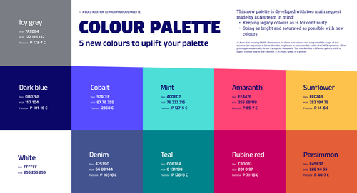 Colour palette showing LCN's primary and secondary colours, including their colour values