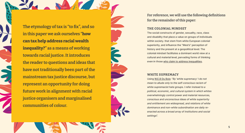 A sample page spread from the report, with one page with text against a yellow background. Page header titles include 'The colonial mindset'  and 'White supremacy'