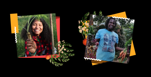 A collage of two Black people set against some flowers and a black background